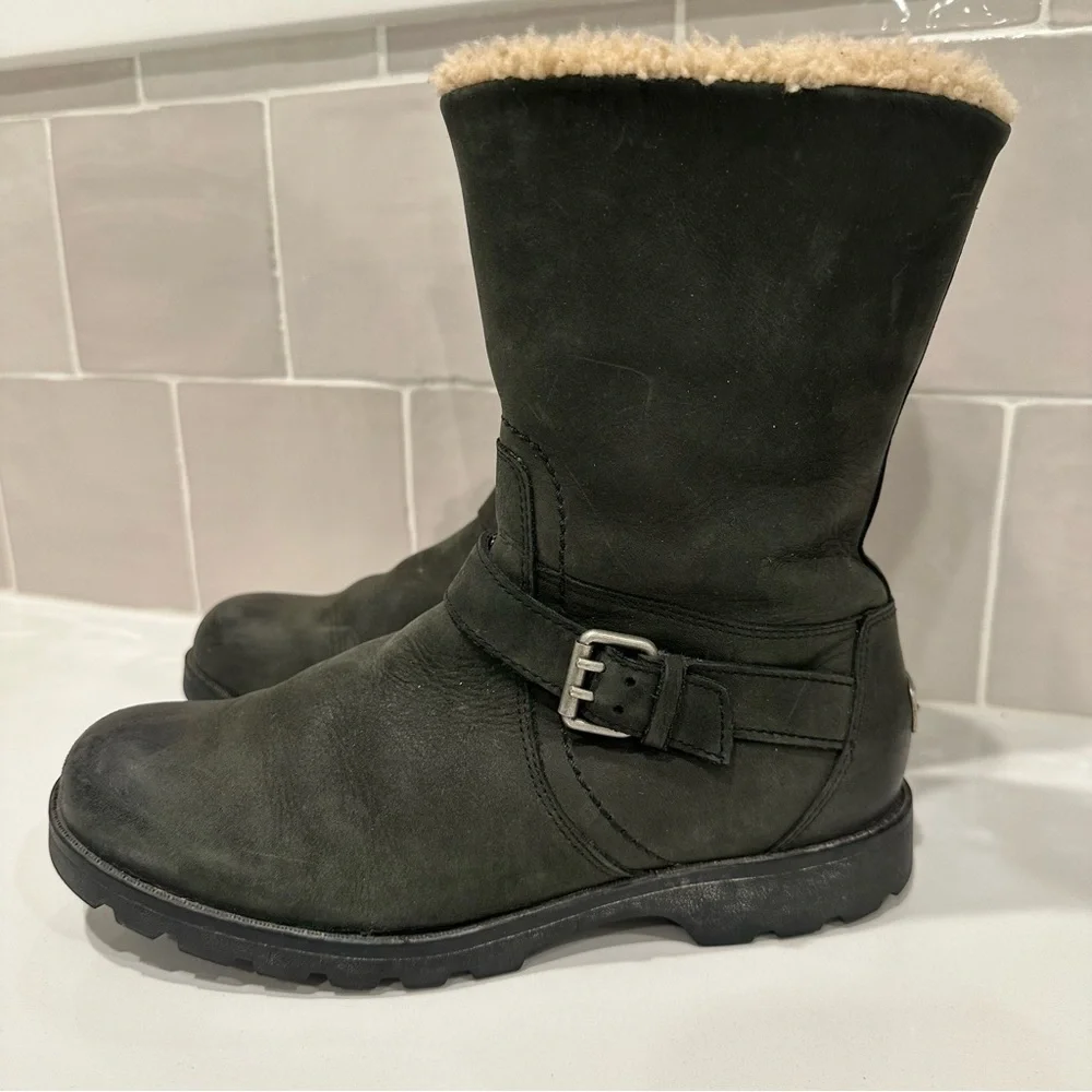 UGG Chantay Nubuck Leather Mid Calf Boots Black Size 6.5 Women’s Sheepskin Lined